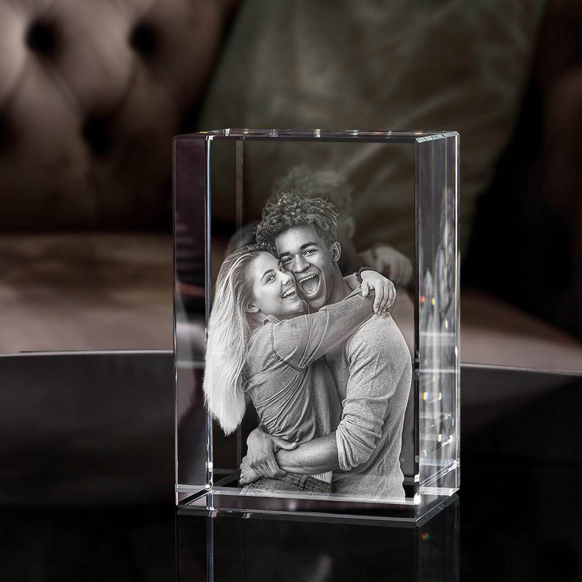 Gepersonaliseerd 2D/3D Kristal Gedenkkristal met Eigen Foto - Verlicht Herinneringsblok met Houten Voet