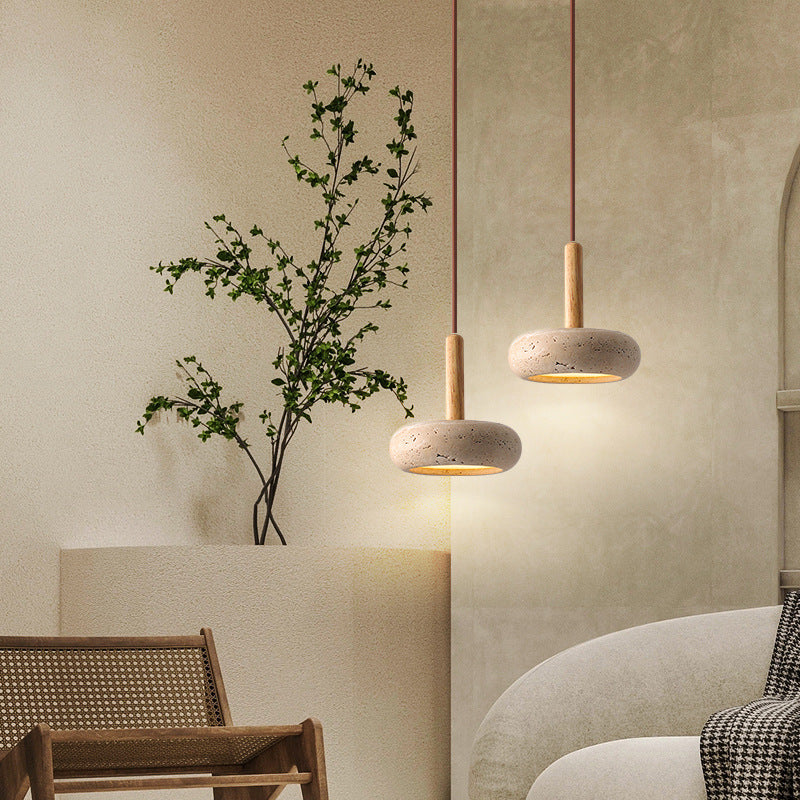 Zen Hanglamp met Natuursteen Kap en Houten Accent - Scandinavisch Design met Geïntegreerde LED