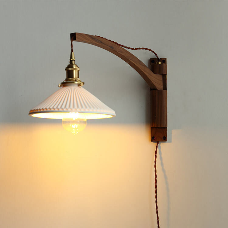 Uitschuifbare wandlamp met gestreept glas en houten arm voor woonkamer slaapkamer hal leeshoek sfeerverlichting