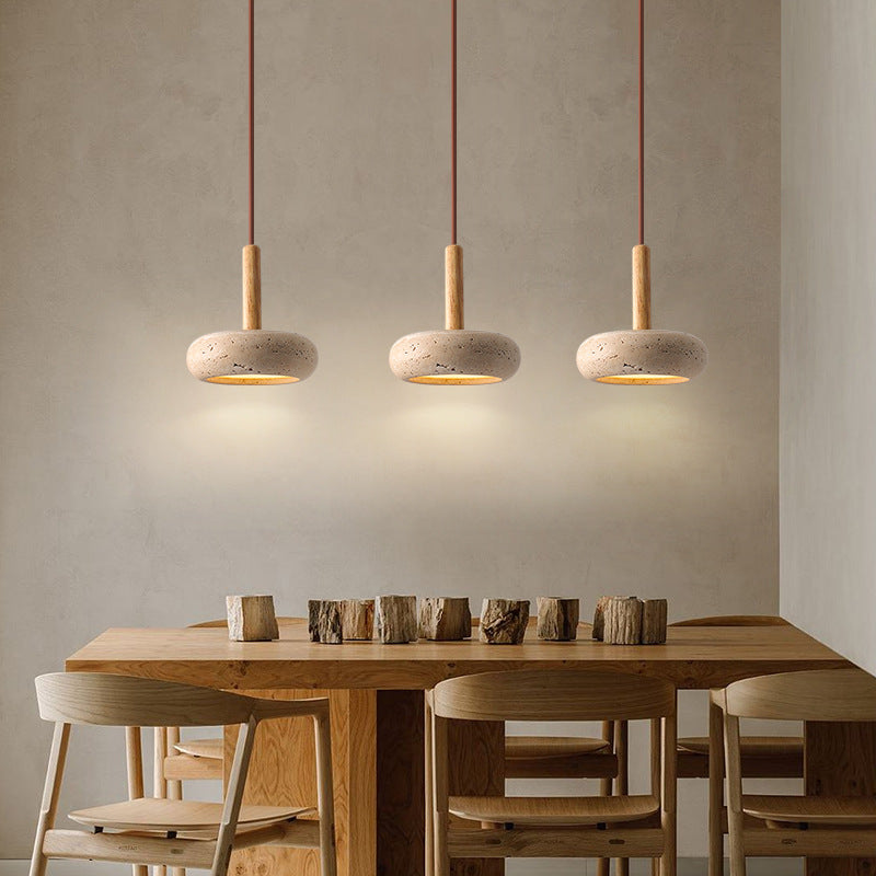 Zen Hanglamp met Natuursteen Kap en Houten Accent - Scandinavisch Design met Geïntegreerde LED