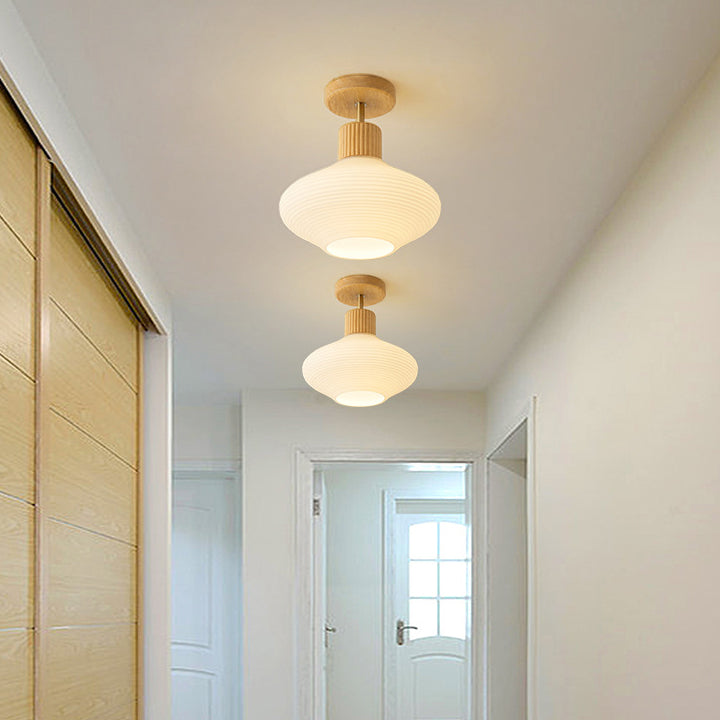 Japandi Plafondlamp Hout & Glas - Natuurlijke Elegantie voor Hal, Woonkamer en Slaapkamer