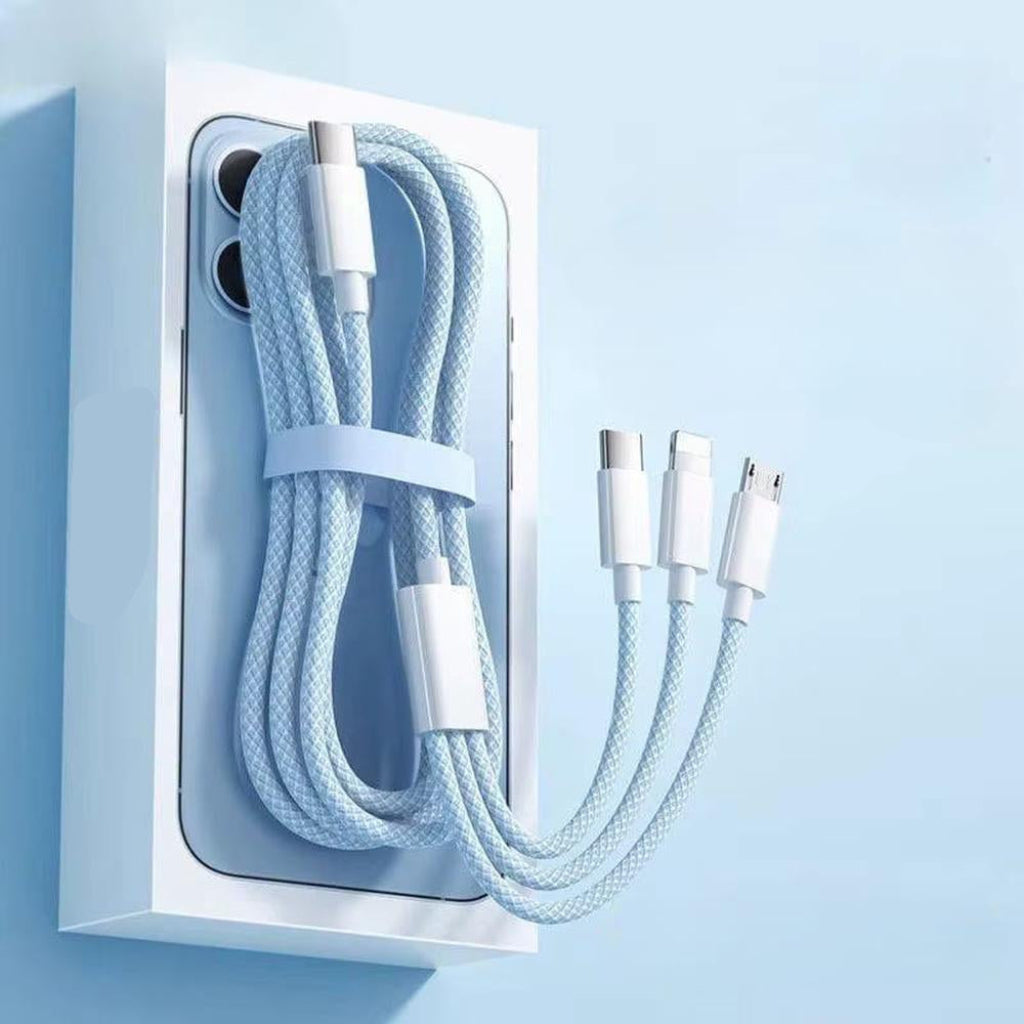 3-in-1 Oplaadkabel 100W Lightning Micro-USB USB-C Snelladen Data Transfer 480Mbps Gevlochten Intrekbaar