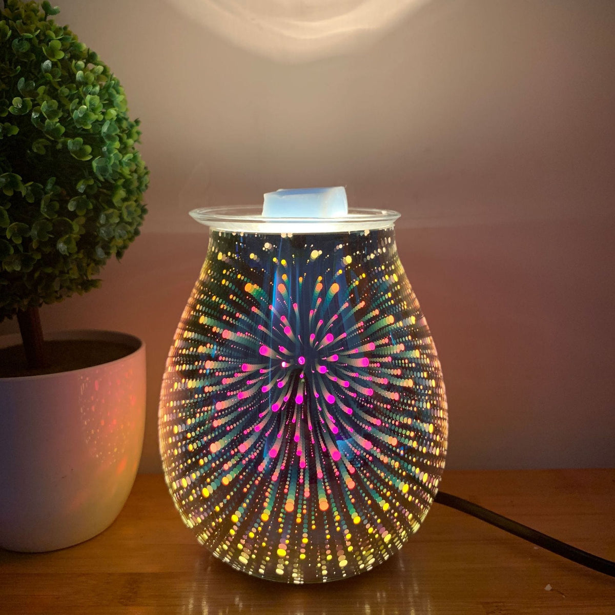 3D Glazen Luchtbevochtiger met Vuurwerklicht Aromafunctie en Stille Werking voor Slaapkamer Woonkamer