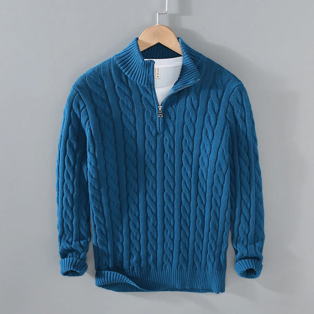Gebreide Heren Trui Kabelpatroon Staande Kraag Ritssluiting Katoen Warm Casual Winter Navy Grijs Beige