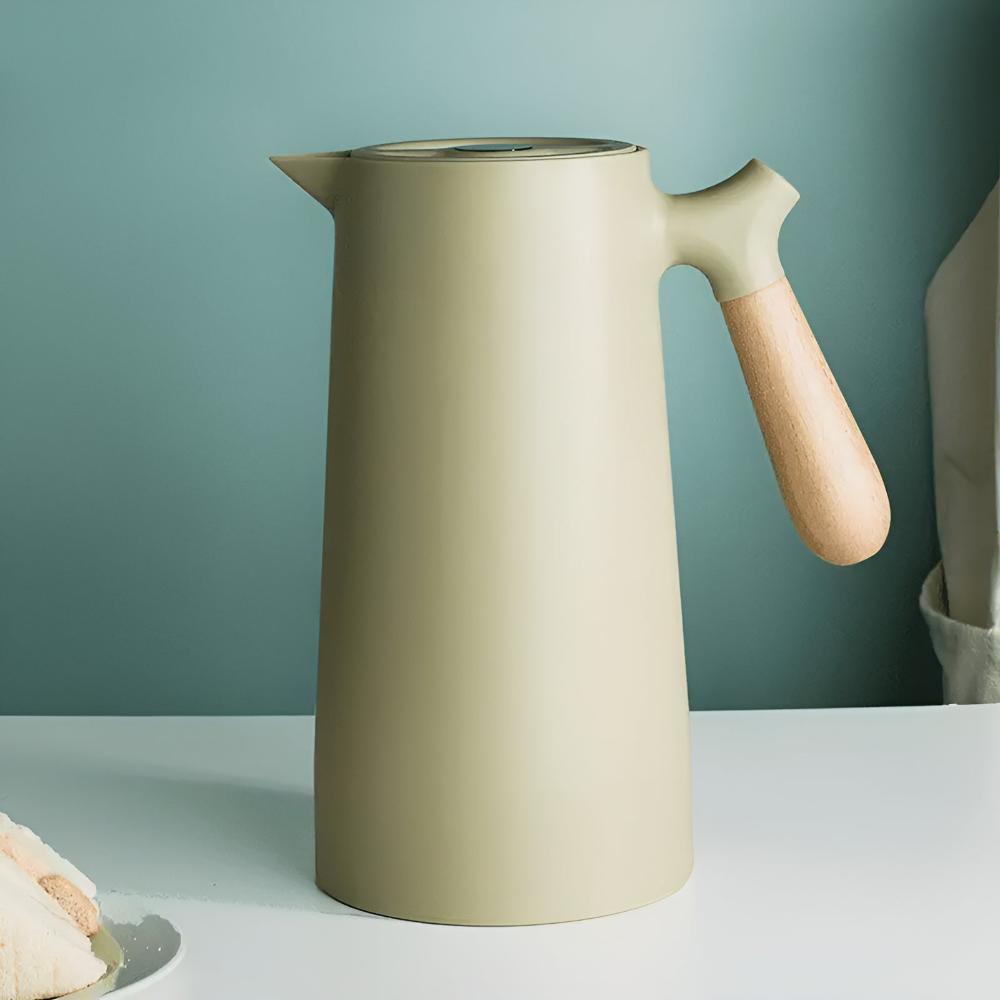 Geïsoleerde Karaf 1 Liter Houten Handvat Dubbelwandig Koffiekaraf Thermos Scandinavisch Design Groen Wit Zwart Rood Bruin