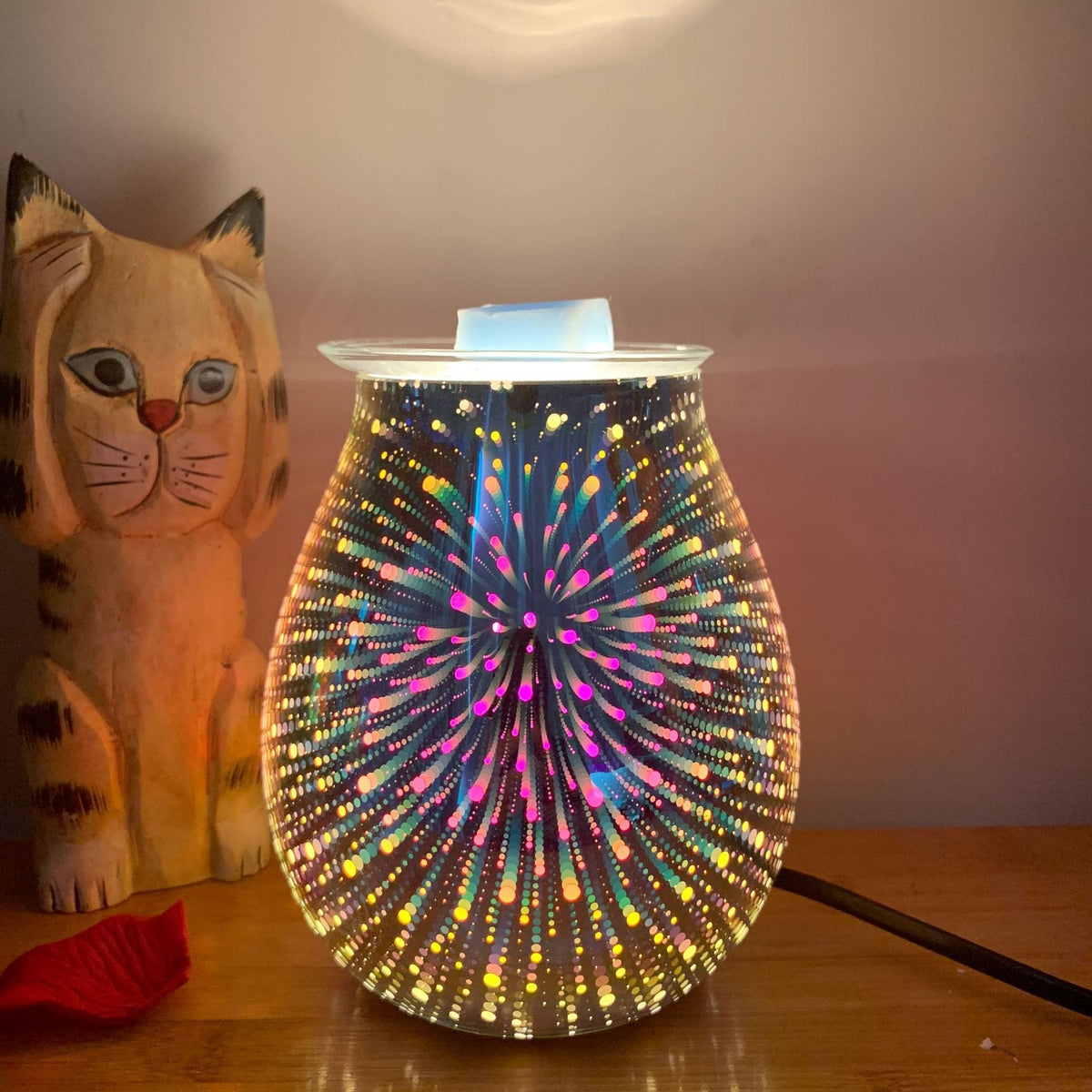 3D Glazen Luchtbevochtiger met Vuurwerklicht Aromafunctie en Stille Werking voor Slaapkamer Woonkamer