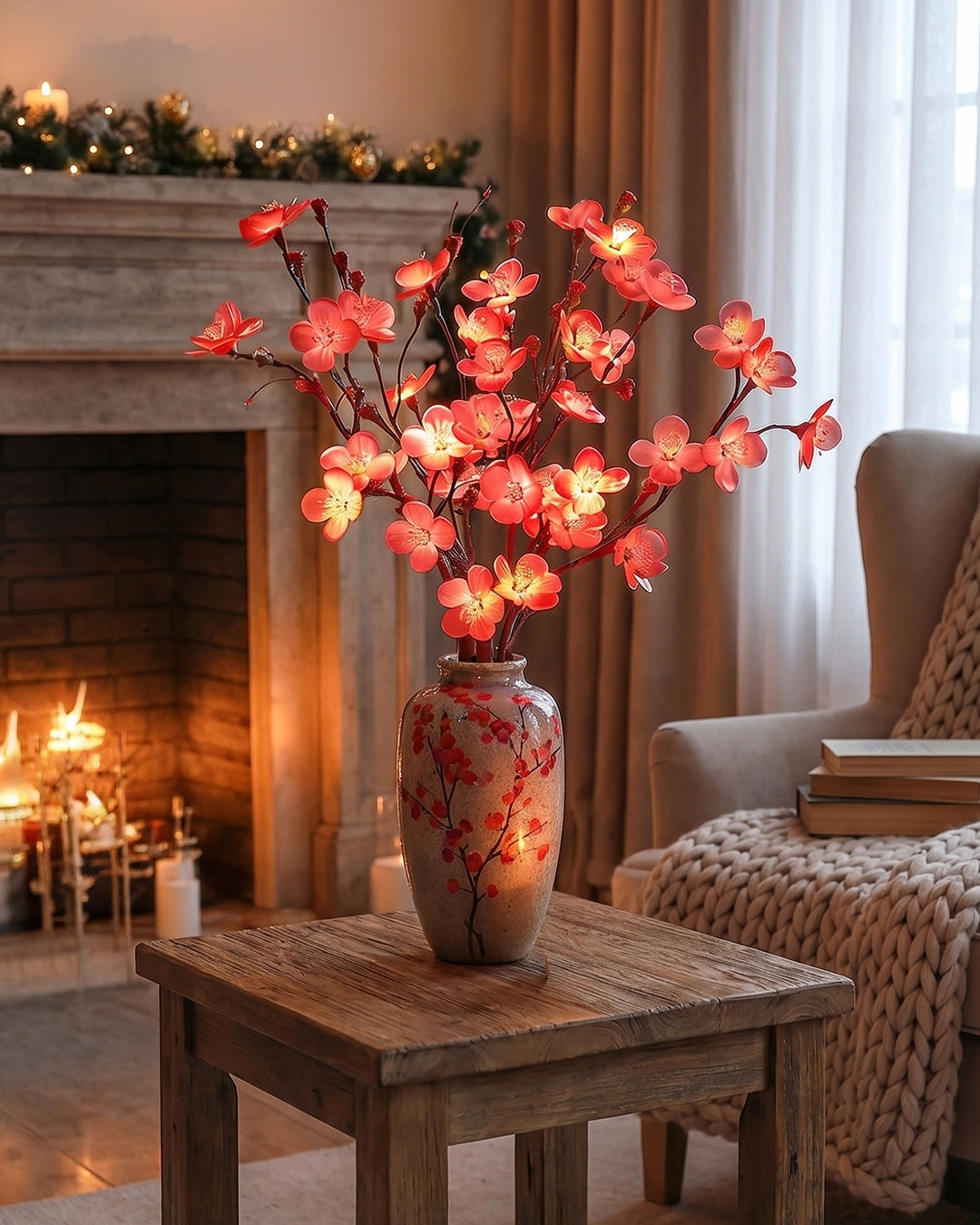 Decoratieve LED Verlichtingstak met Natuurlijke Bloesemvorm 70cm - Flexibele Sfeerverlichting voor Vazen en Schoorsteenmantels