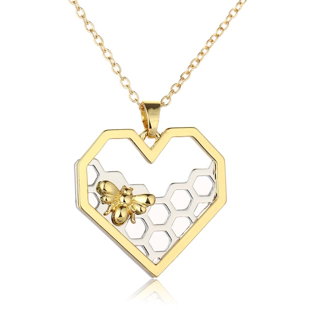 Hartvormige Honingraat Ketting met Vergulde Bij en Zilver voor Dames Cadeauidee Moederdag Verjaardag