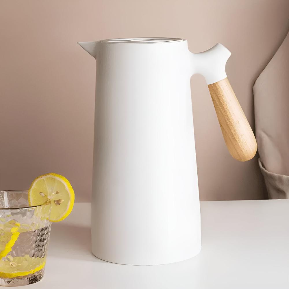 Geïsoleerde Karaf 1 Liter Houten Handvat Dubbelwandig Koffiekaraf Thermos Scandinavisch Design Groen Wit Zwart Rood Bruin