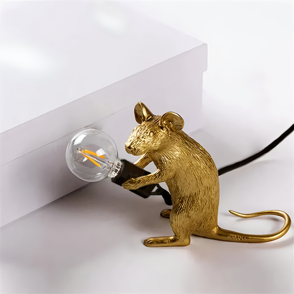 Decoratieve Tafellamp met Dierenfiguur - Hars - Gouden en Witte Muis - E12 - Warme Sfeerverlichting voor Woonkamer Slaapkamer Kantoor