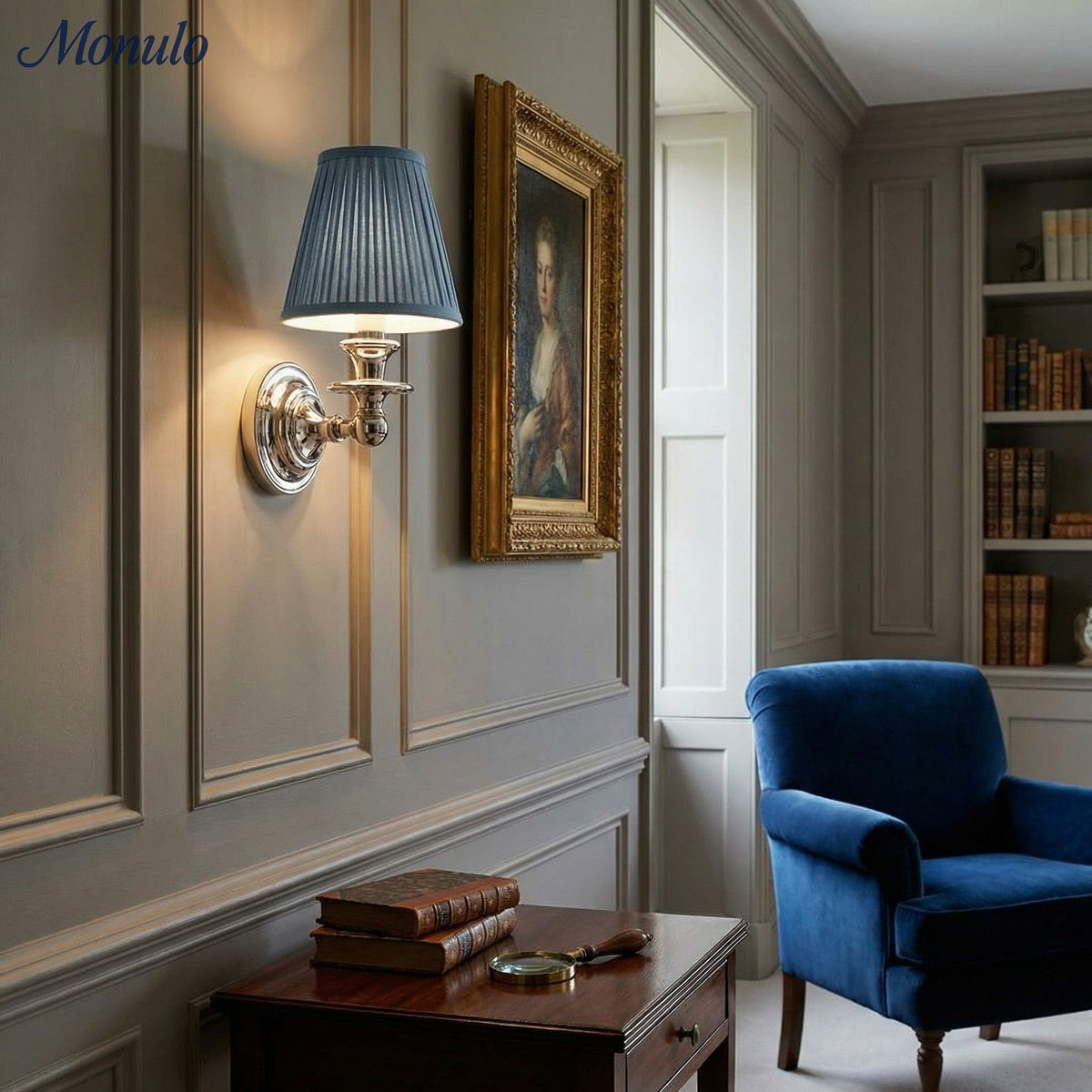 Wandlamp met stoffen kap en zwanenhalsarm - smeedijzeren armatuur met verstelbare leeslamp