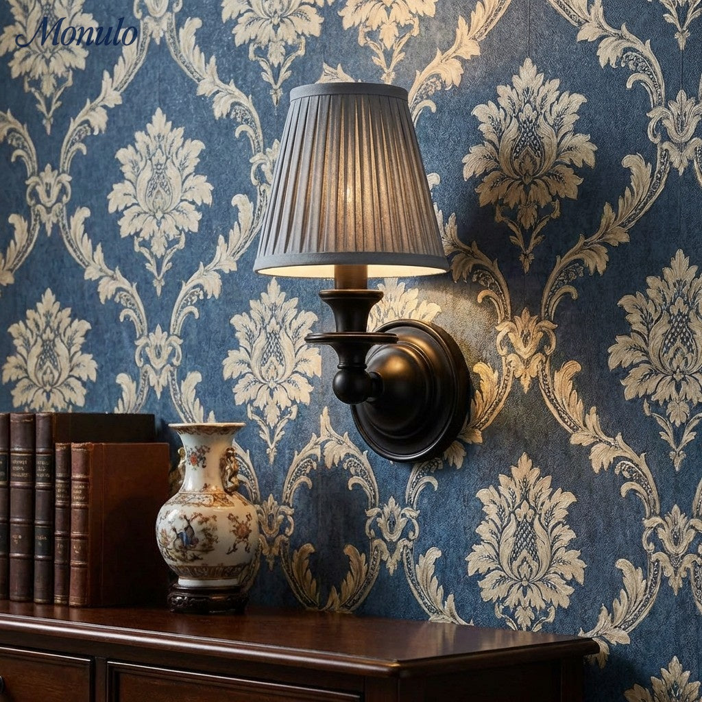 Wandlamp met stoffen kap en zwanenhalsarm - smeedijzeren armatuur met verstelbare leeslamp
