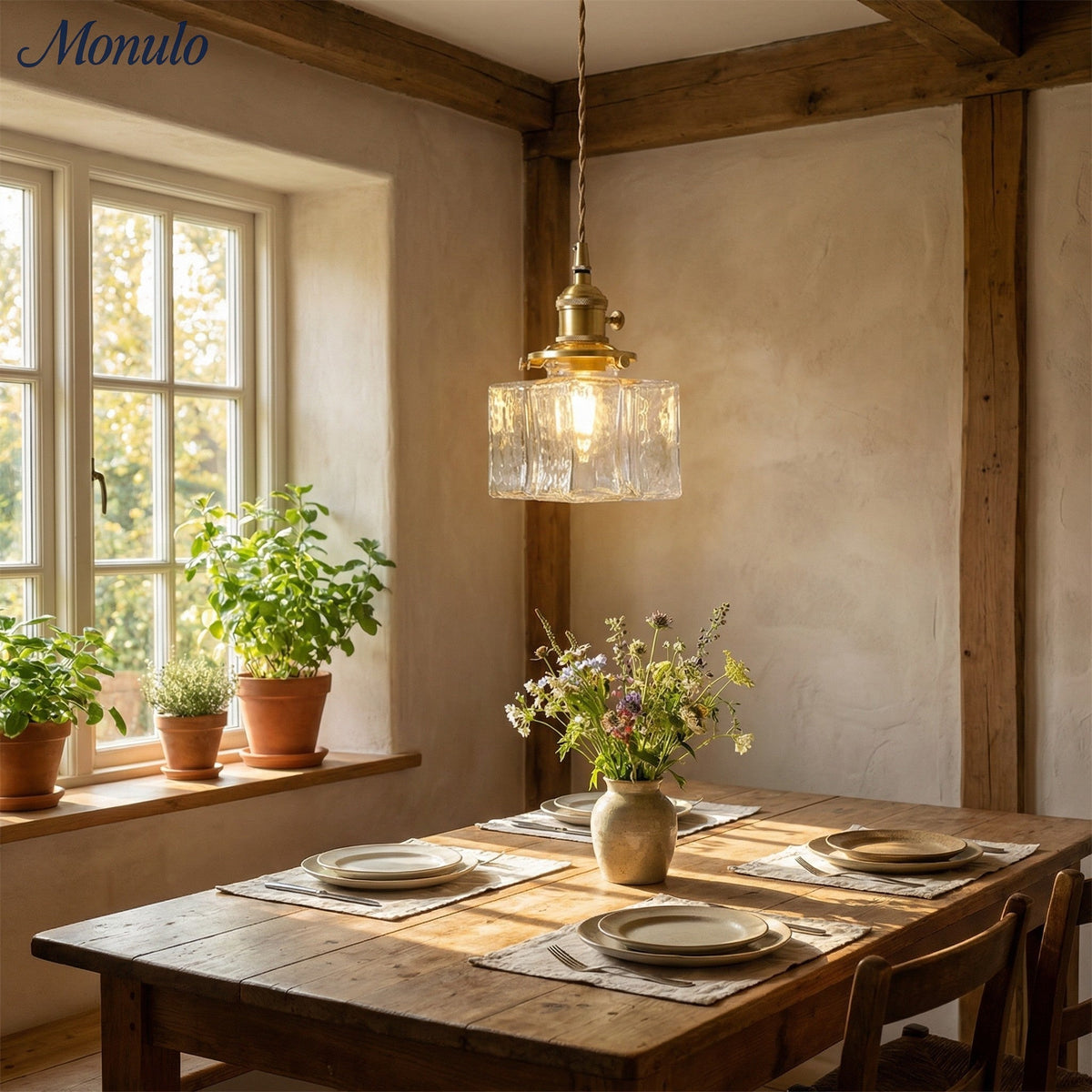 Vintage Hanglamp met Gegolfd Glas & IJzeren Armatuur - Vierkant/Rechthoekig - Scandinavisch Design voor Woonkamer