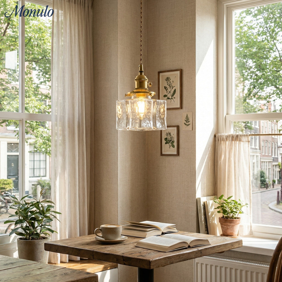 Vintage Hanglamp met Gegolfd Glas & IJzeren Armatuur - Vierkant/Rechthoekig - Scandinavisch Design voor Woonkamer