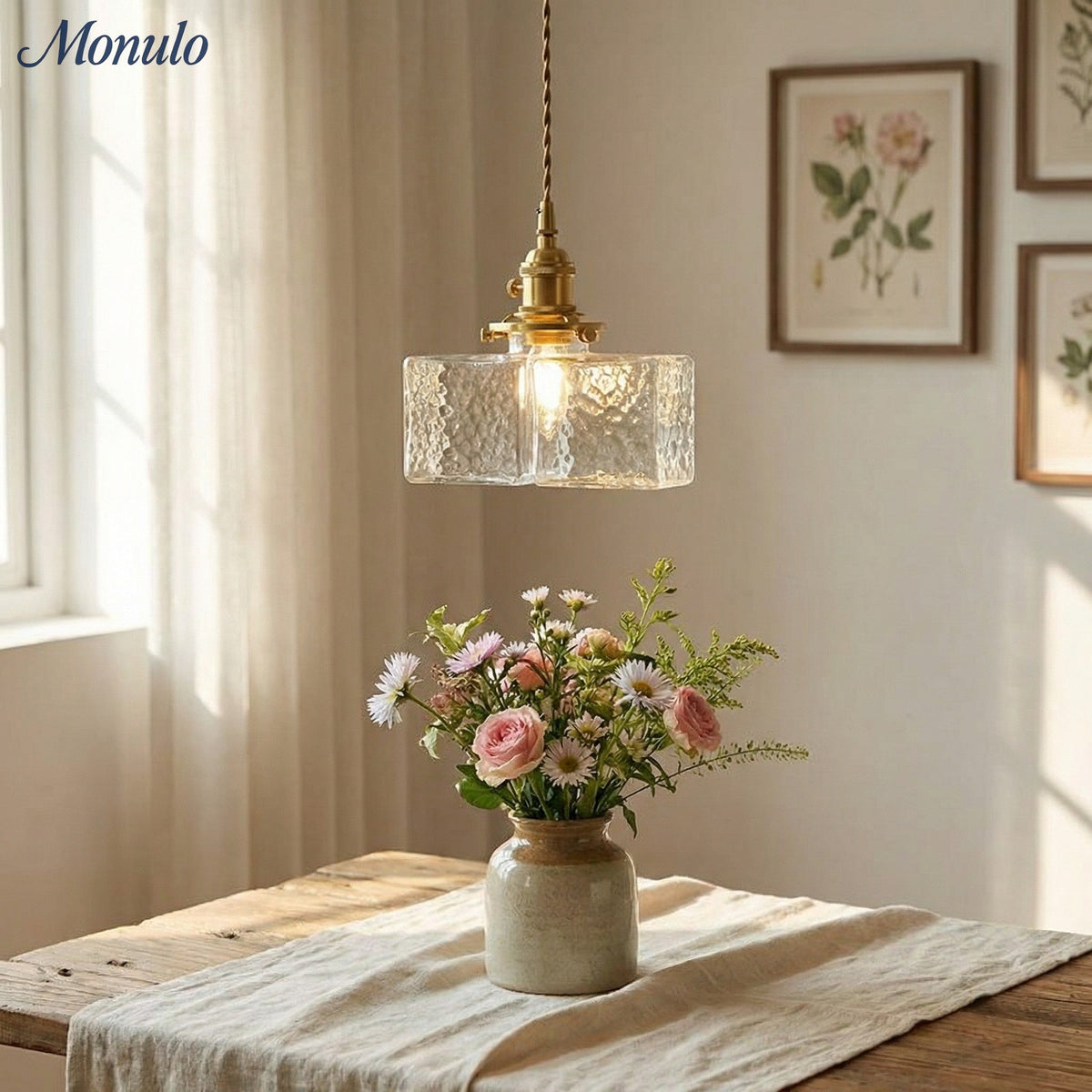 Vintage Hanglamp met Gegolfd Glas & IJzeren Armatuur - Vierkant/Rechthoekig - Scandinavisch Design voor Woonkamer