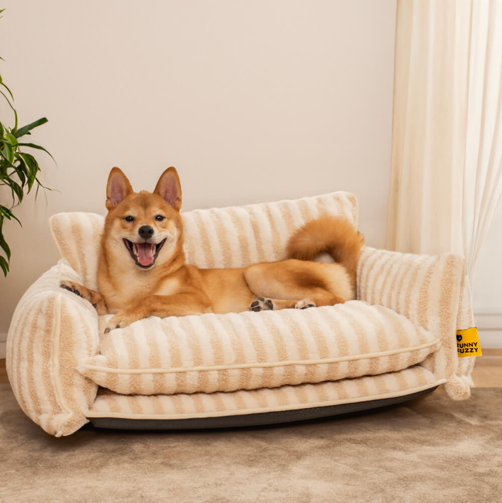 Gestreepte Pluche Hondenbed Tweelaags Kunstlam Warm Afneembaar Beige Roze Zwart M L XL 2XL Huisdier Comfort