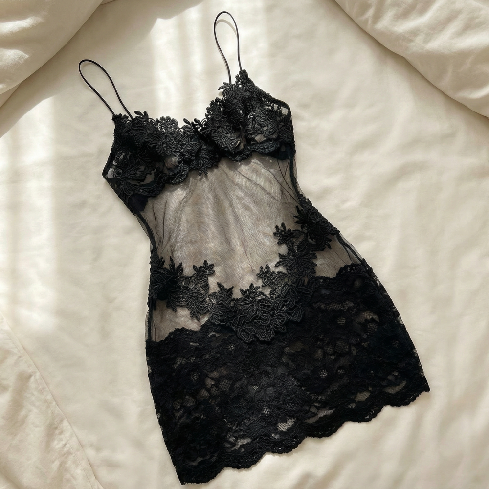 Doorschijnende Geborduurd Kanten Slip Jurk voor Dames - Romantische Lingerie met Verstelbare Bandjes