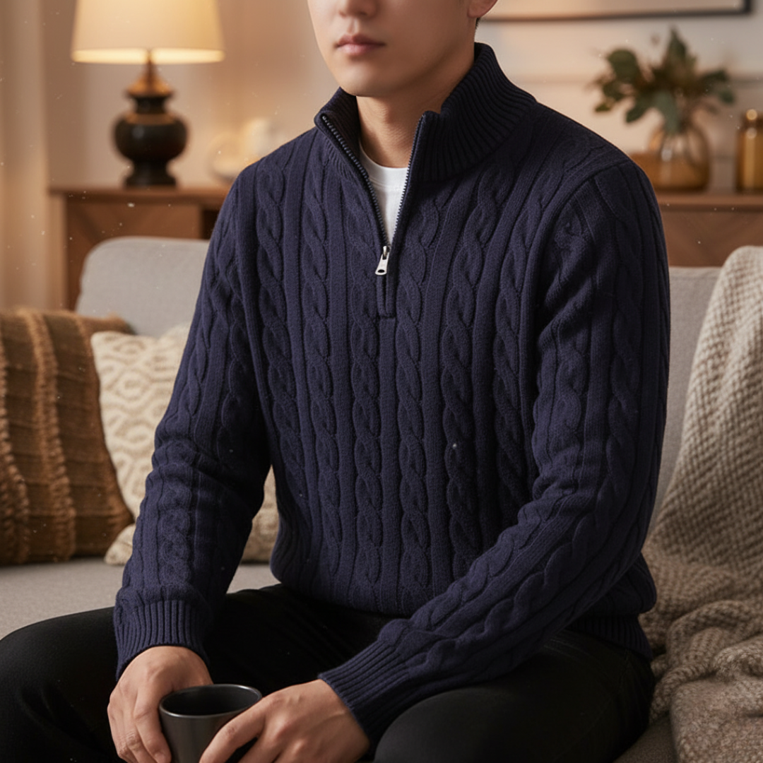 Gebreide Heren Trui Kabelpatroon Staande Kraag Ritssluiting Katoen Warm Casual Winter Navy Grijs Beige