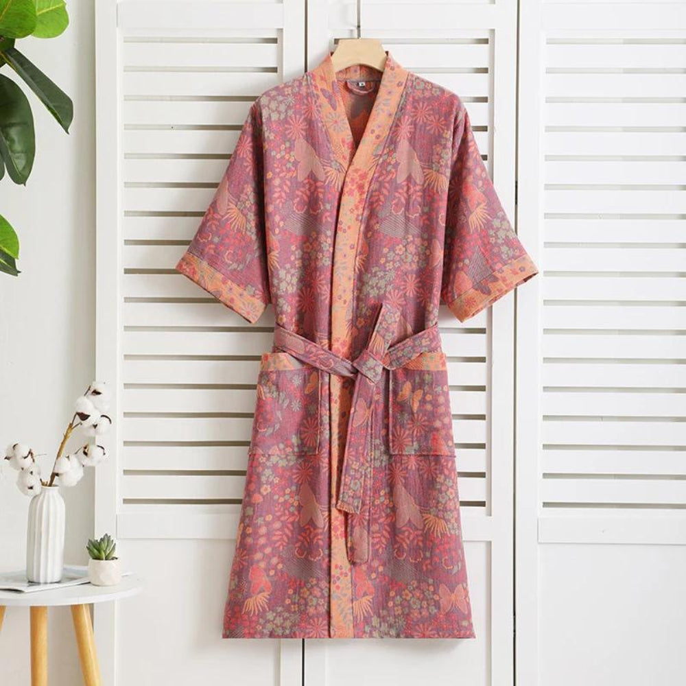 Katoenen Ochtendjas Dubbel Gaas Vintage Print Loungewear Badstof Kimono Spa Thuis Comfort Relaxen Wellness