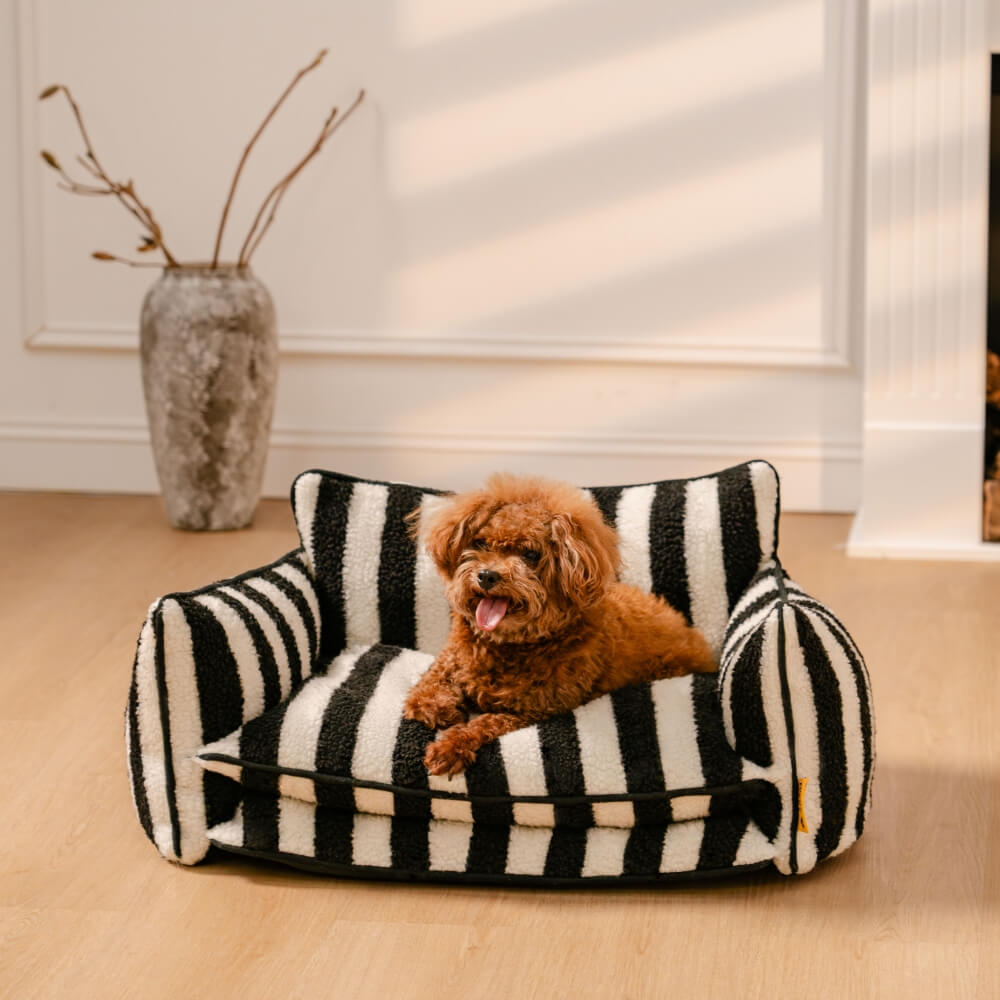 Gestreepte Pluche Hondenbed Tweelaags Kunstlam Warm Afneembaar Beige Roze Zwart M L XL 2XL Huisdier Comfort