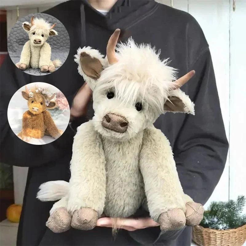 Hooglandkoe Knuffel met Bloemenkrans Handgemaakt Alpaca Wol Decoratief Beeldje 25cm Schotse Koe Woonaccessoire