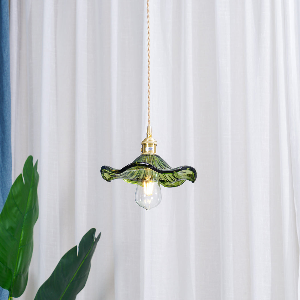 Selene Glazen Hanglamp - Hibiscusbloem Design Messing Glas - Hangende Verlichting Eetkamer Woonkamer Slaapkamer - E27 Fitting 23-33cm