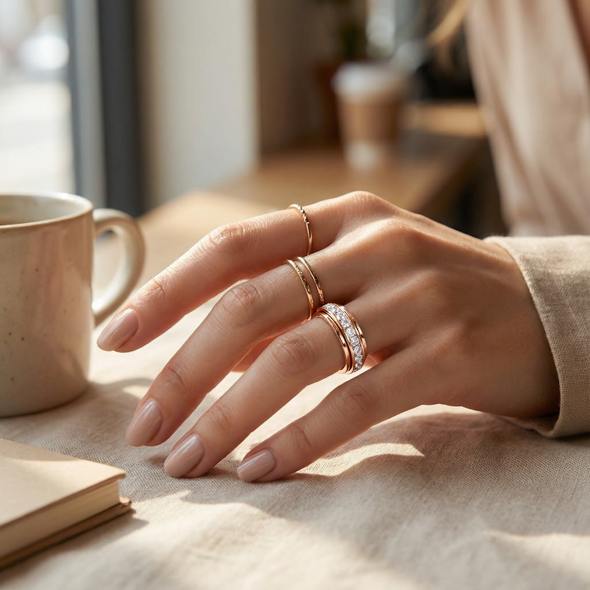 Draaibare Spinner Ring met Zirkonia Steentjes - Titanium Staal - Rustgevend Fidget Sieraad voor Vrouwen en Mannen