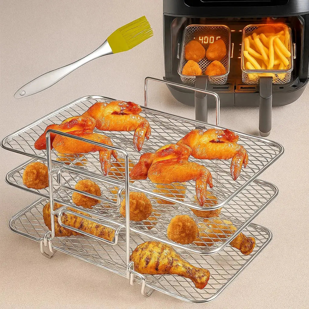 3-Laags Airfryer Rek Edelstaal 304 voor Ninja Heteluchtfriteuse Gelijkmatig Bereiden Drogen Grillen Maximale Ruimte 22x16x14cm