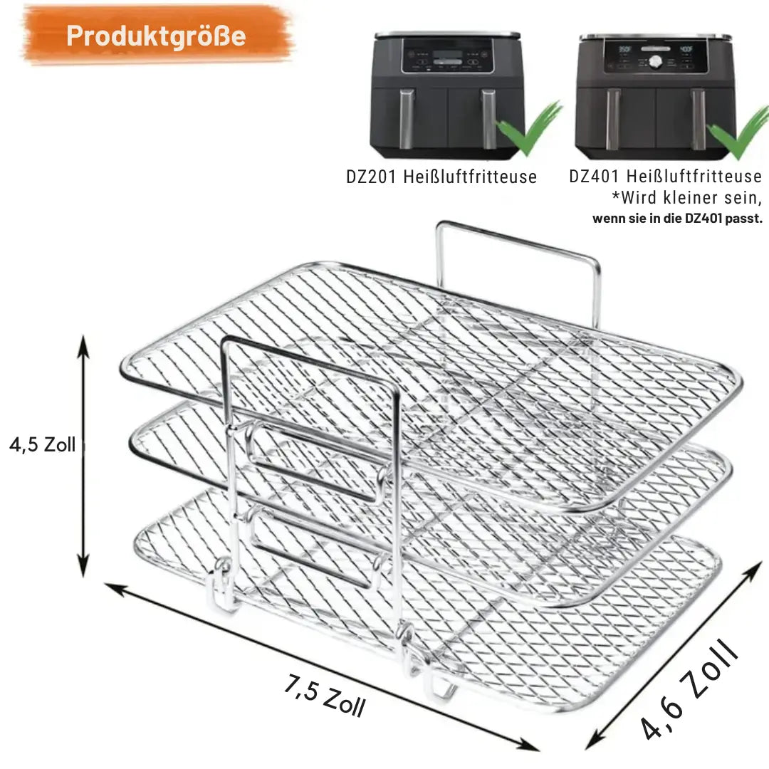 3-Laags Airfryer Rek Edelstaal 304 voor Ninja Heteluchtfriteuse Gelijkmatig Bereiden Drogen Grillen Maximale Ruimte 22x16x14cm