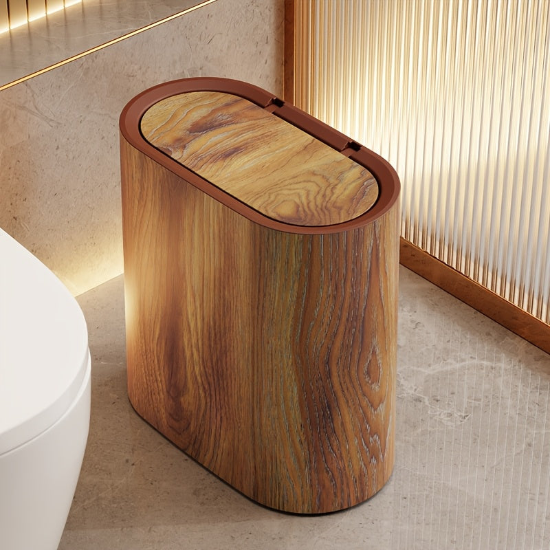 Smalle Prullenbak Toilet 29x29x14,5 cm Ovaal met Deksel Marmerlook Zwart Wit Hout