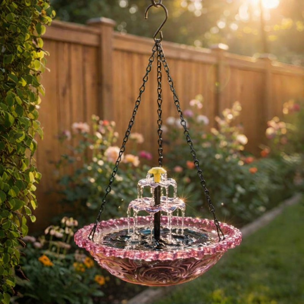 Hangende Vogelbadwaterfontein op Zonne-energie Tweeniveaus Glas Metaal voor Tuin Terras Balkon