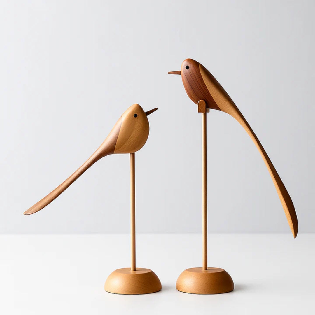 Houten Vogelsculpturen Set van 2 Stuks Scandinavisch Design Decoratief Roodhouten Interieurobject Woonkamer