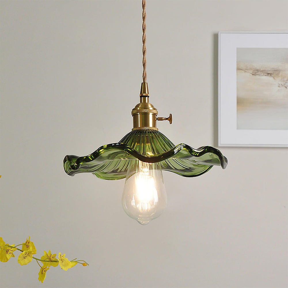 Selene Glazen Hanglamp - Hibiscusbloem Design Messing Glas - Hangende Verlichting Eetkamer Woonkamer Slaapkamer - E27 Fitting 23-33cm