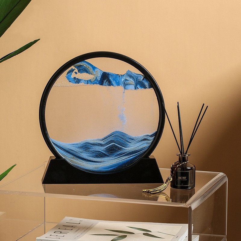 3D Zandkunst Schilderij met Stromend Zandeffect - Decoratief Glazen Kunstobject - Bewegende Zandpatronen in Glas - Rustgevende Bureaudecoratie