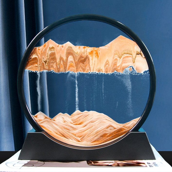 3D Zandkunst Schilderij met Stromend Zandeffect - Decoratief Glazen Kunstobject - Bewegende Zandpatronen in Glas - Rustgevende Bureaudecoratie