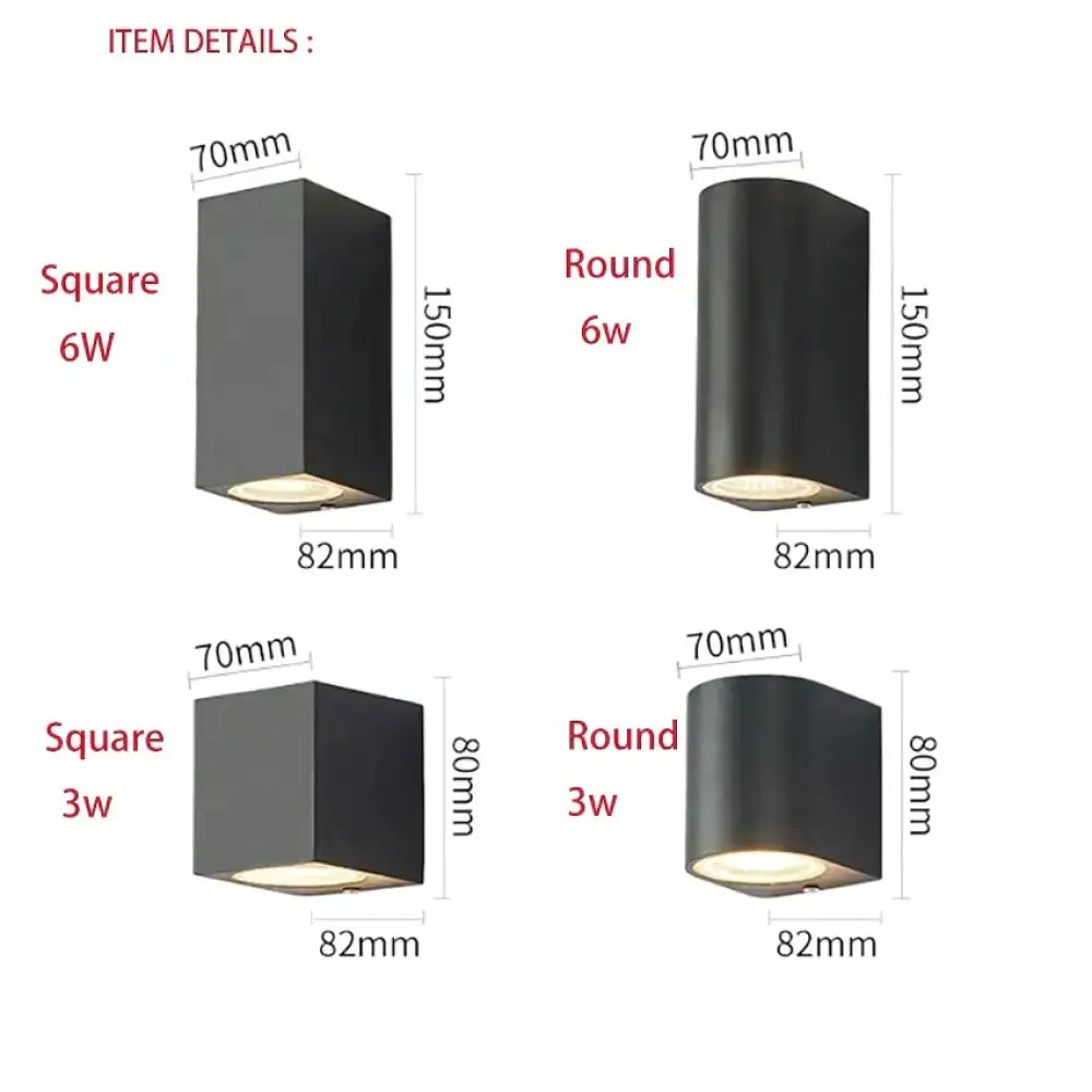 Buitenlamp Voordeur LED Aluminium IP65 Waterdicht 3W of 6W Vierkant of Rond Zwart Grijs Warm of Koel Wit