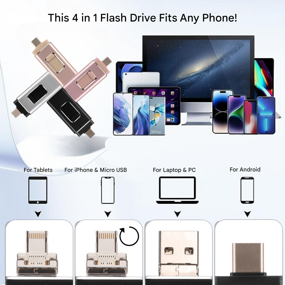USB-Stick 4-in-1 Universeel 16GB-1TB Metaal Lightning USB-C Micro-USB Compatibel Android iOS Windows macOS