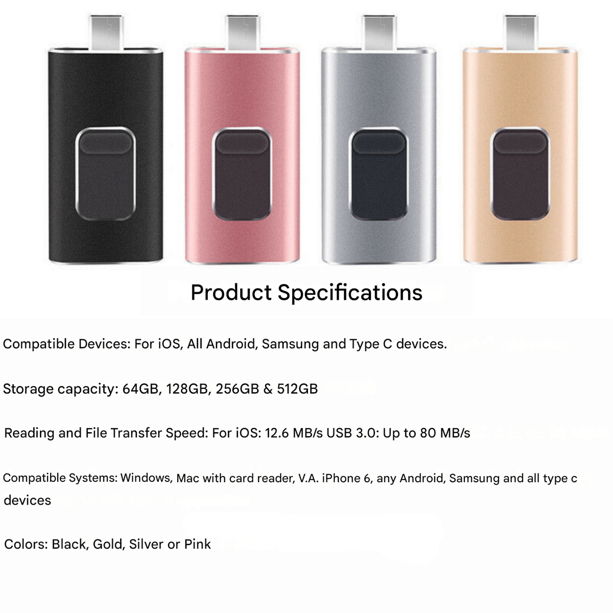 USB-Stick 4-in-1 Universeel 16GB-1TB Metaal Lightning USB-C Micro-USB Compatibel Android iOS Windows macOS