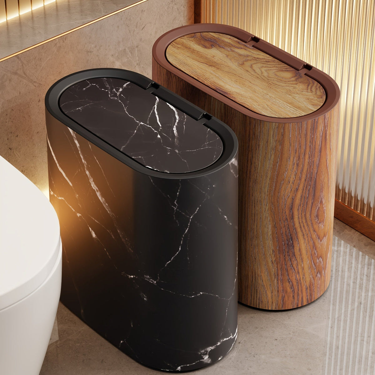 Prullenbak Bureau met Deksel Compact 29x29x14,5 cm Ovaal Marmerlook Kantoor Slaapkamer