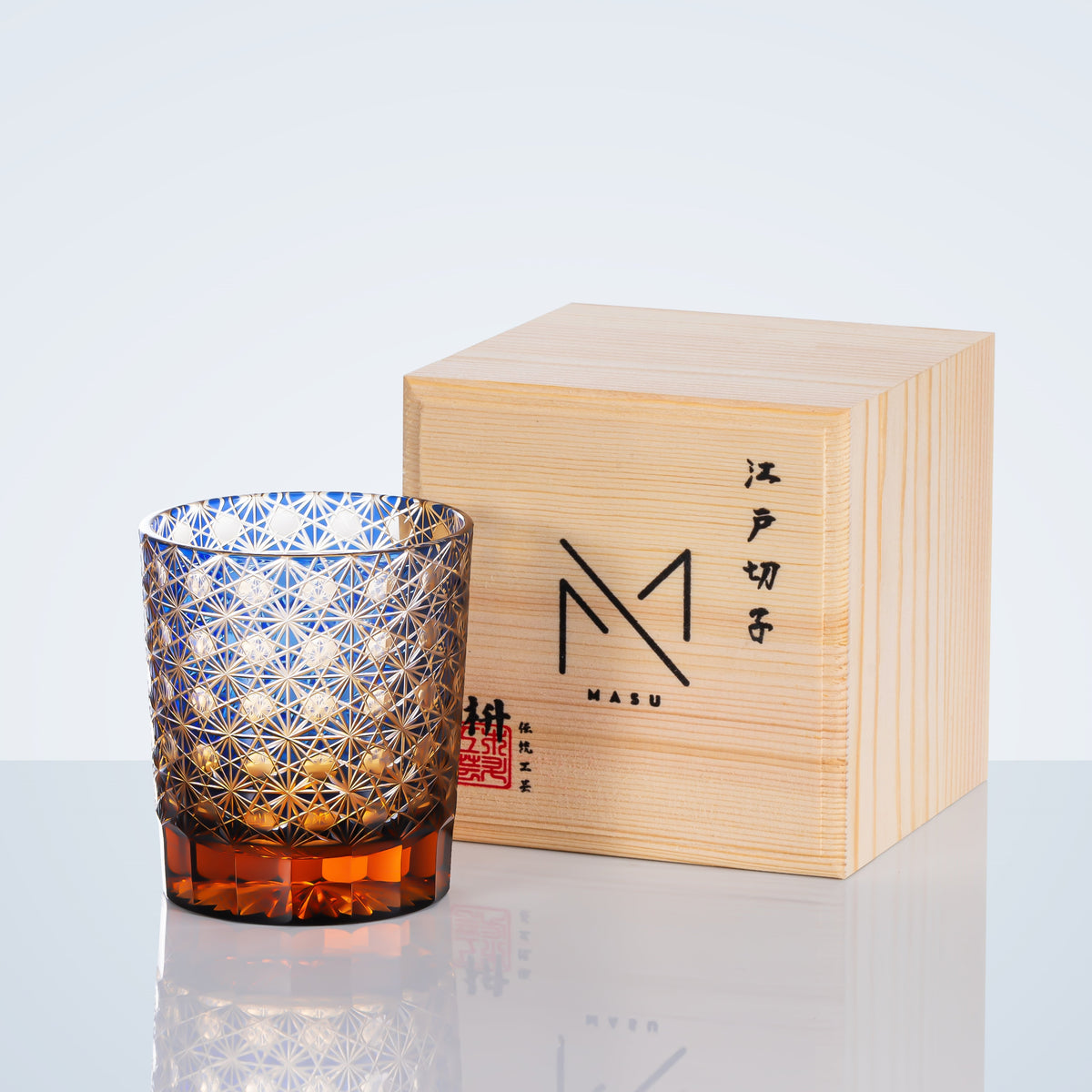 Handgeslepen Whiskeyglazen met Ster en Chrysant Patroon - Blauw Amber & Rood Amber - Inclusief Houten Doos