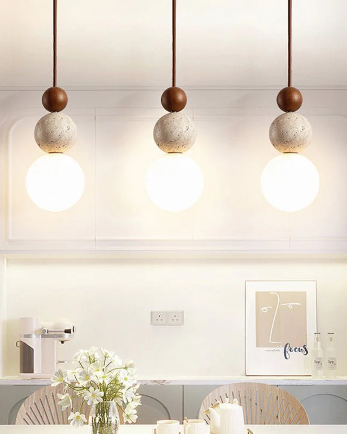 Sculptuur Hanglamp met Natuursteen en Glazen Bol - Warm Ambient Licht voor Eetkamer Woonkamer Slaapkamer - Japandi Design Hangverlichting