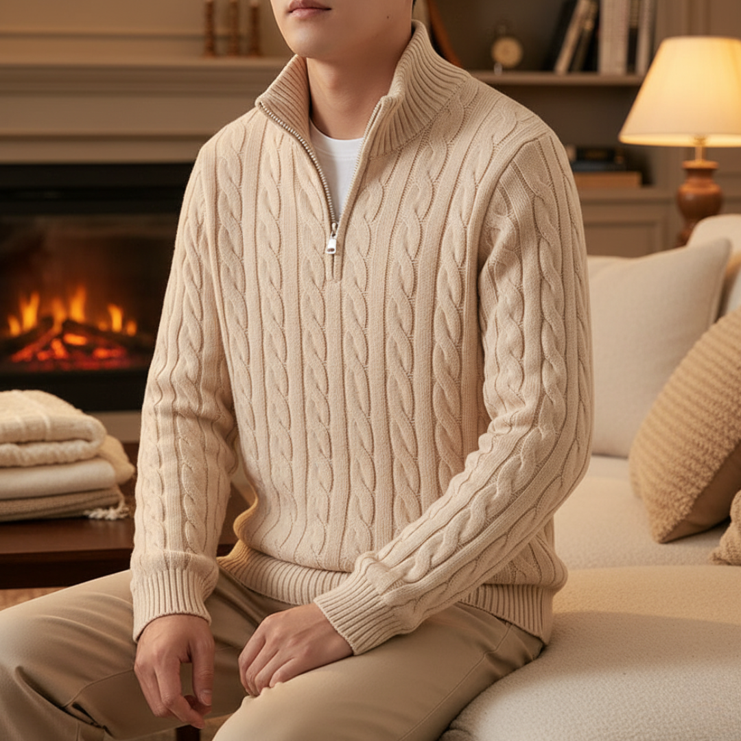 Gebreide Heren Trui Kabelpatroon Staande Kraag Ritssluiting Katoen Warm Casual Winter Navy Grijs Beige