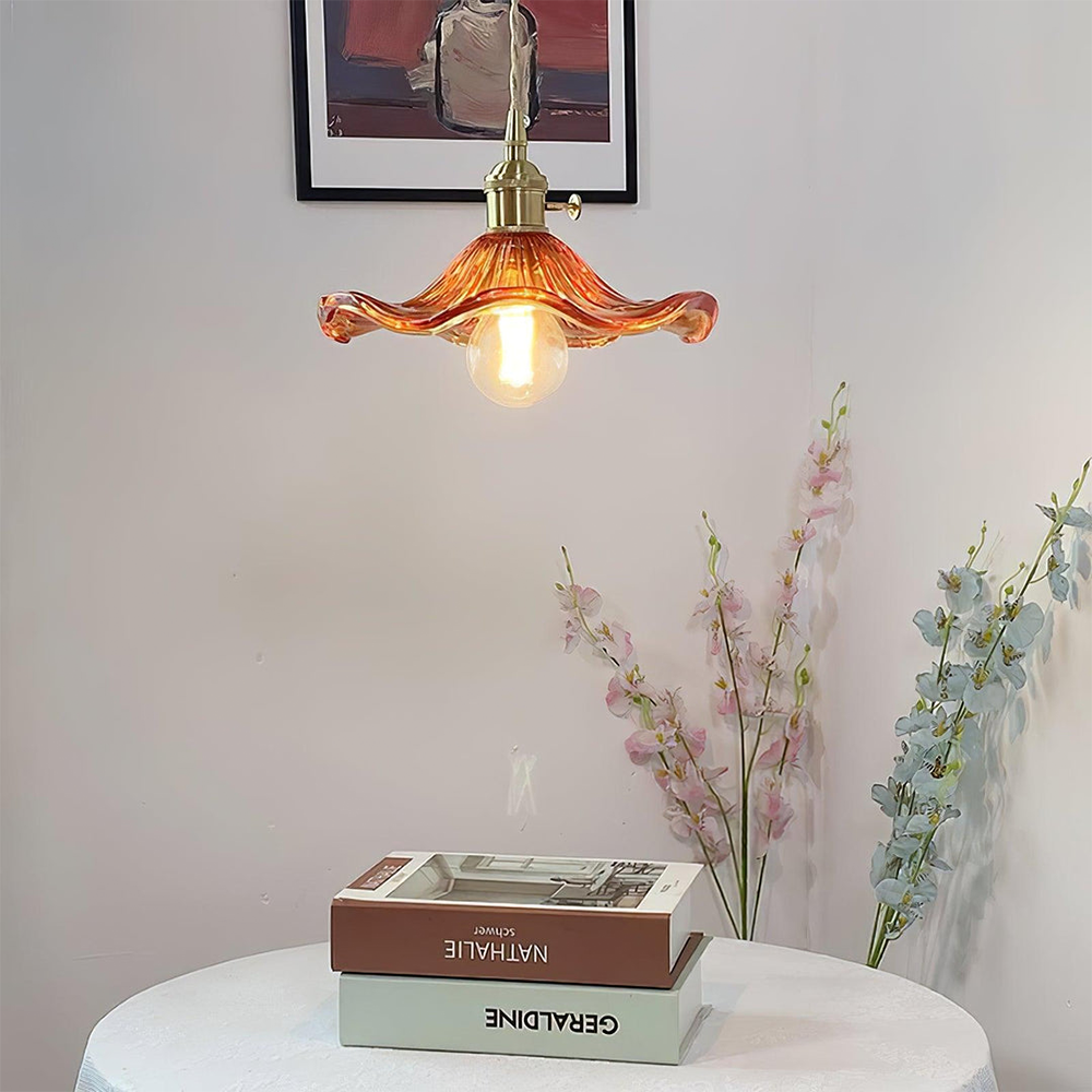 Selene Glazen Hanglamp - Hibiscusbloem Design Messing Glas - Hangende Verlichting Eetkamer Woonkamer Slaapkamer - E27 Fitting 23-33cm