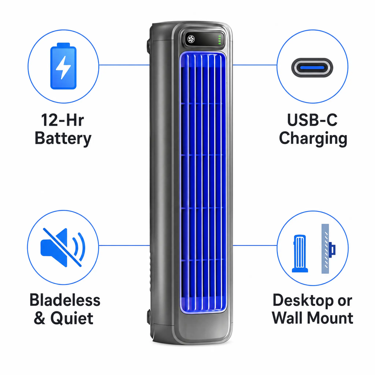 Oplaadbare Draadloze Persoonlijke Ventilator 12 Uur Batterijduur Bladeless Design