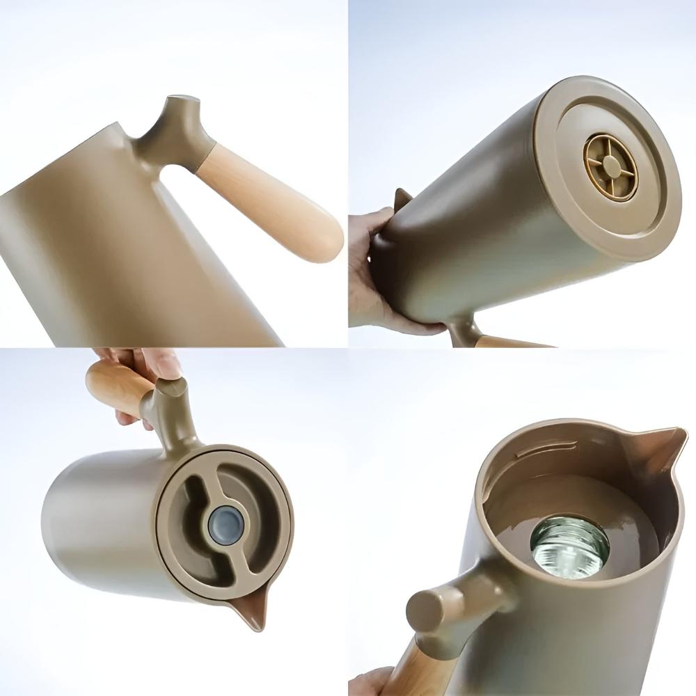 Geïsoleerde Karaf 1 Liter Houten Handvat Dubbelwandig Koffiekaraf Thermos Scandinavisch Design Groen Wit Zwart Rood Bruin