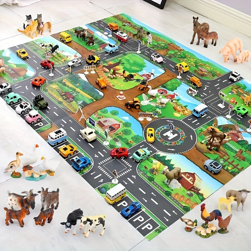 Speelkleed Boerderij Verkeer 100 x 130 cm Antislip Kinderkamer Speelmat Wegenkleed Educatief Rollenspel