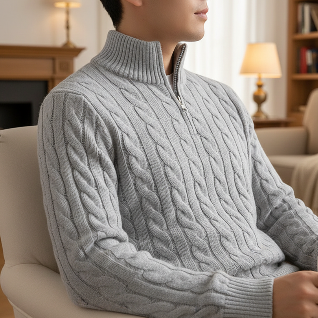 Gebreide Heren Trui Kabelpatroon Staande Kraag Ritssluiting Katoen Warm Casual Winter Navy Grijs Beige