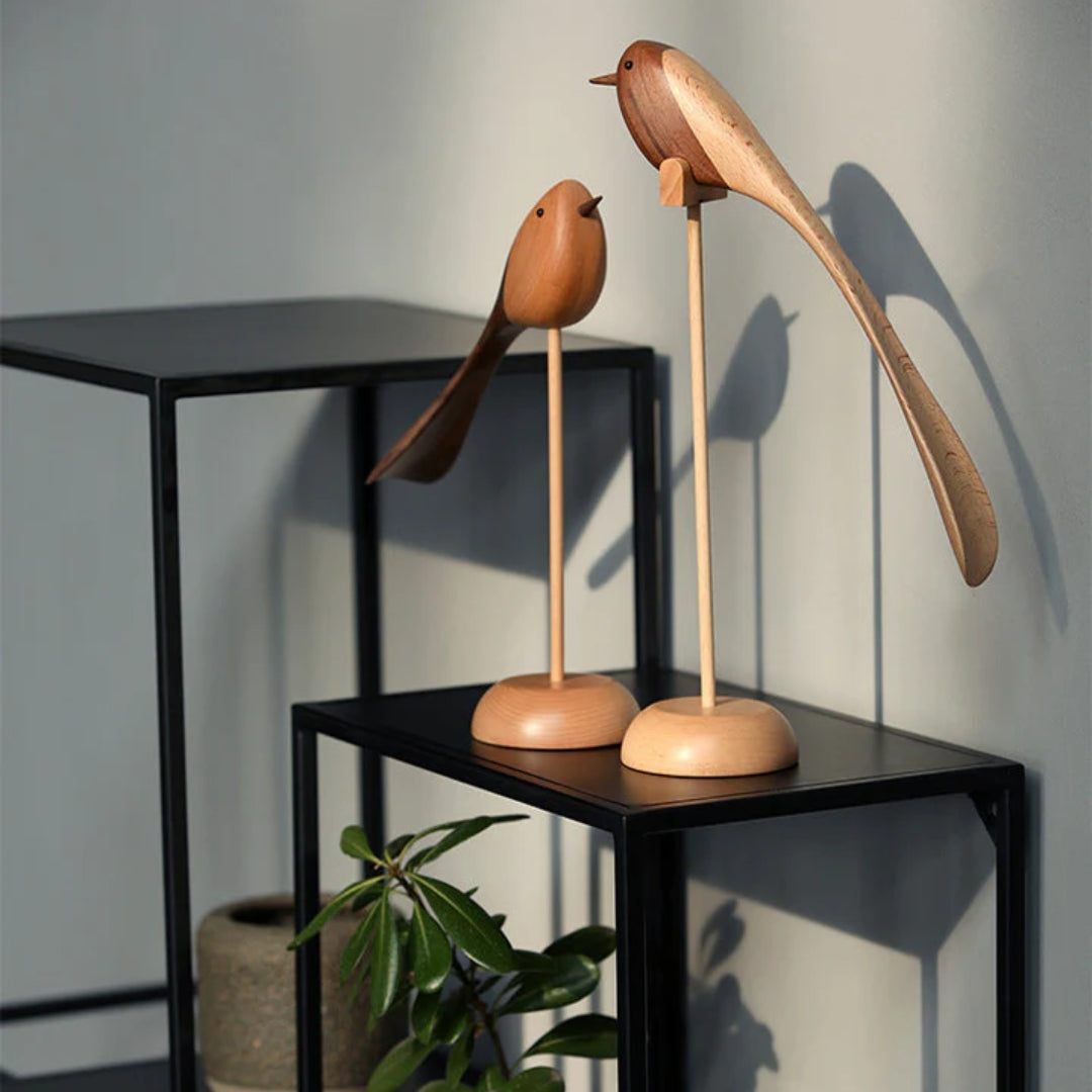 Houten Vogelsculpturen Set van 2 Stuks Scandinavisch Design Decoratief Roodhouten Interieurobject Woonkamer