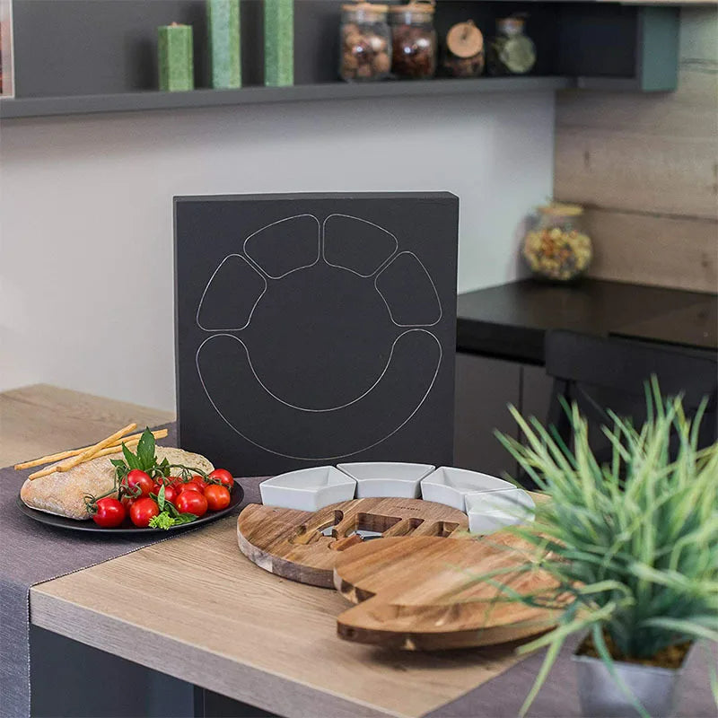 Kaasplank Set Acacia Hout 33cm Rond met Keramische Kommen en Messen Charcuterie Borrelplank Serveerplank