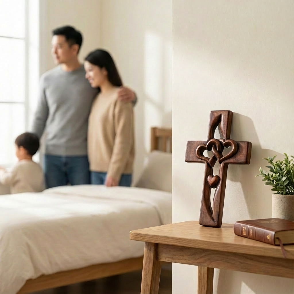 Hartvormig Kruis Wanddecoratie Hout - Handgemaakte Religieuze Wandversiering met Vervlochten Harten - Geloof & Liefde Symbool voor Entree Slaapkamer Woonkamer
